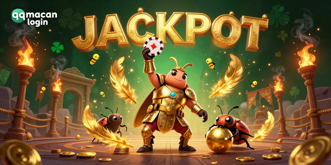 Experience the excitement of qqmacan login with a dynamic 3D illustration of winning characters celebrating a jackpot.