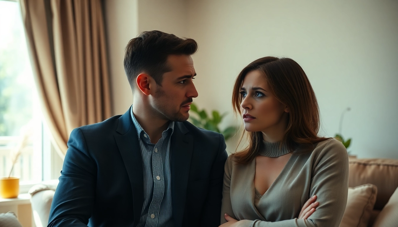 Analyze emotional affair signs through a concerned couple's interaction in a cozy living room.