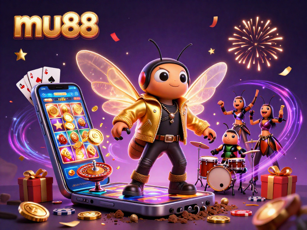 Join the excitement of mu88 with a vibrant illustration of casino characters celebrating with games and fun.