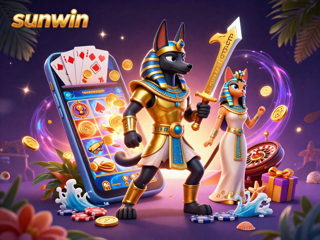 Experience sunwin with Anubis and Bastet amid a vibrant casino scene featuring slot games and golden coins.