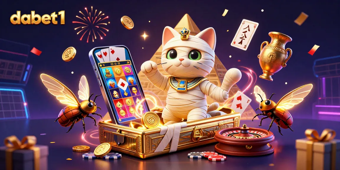 dabet1 offers exciting gambling adventures with a cartoon mummy and a glowing scarab in a festive casino scene.