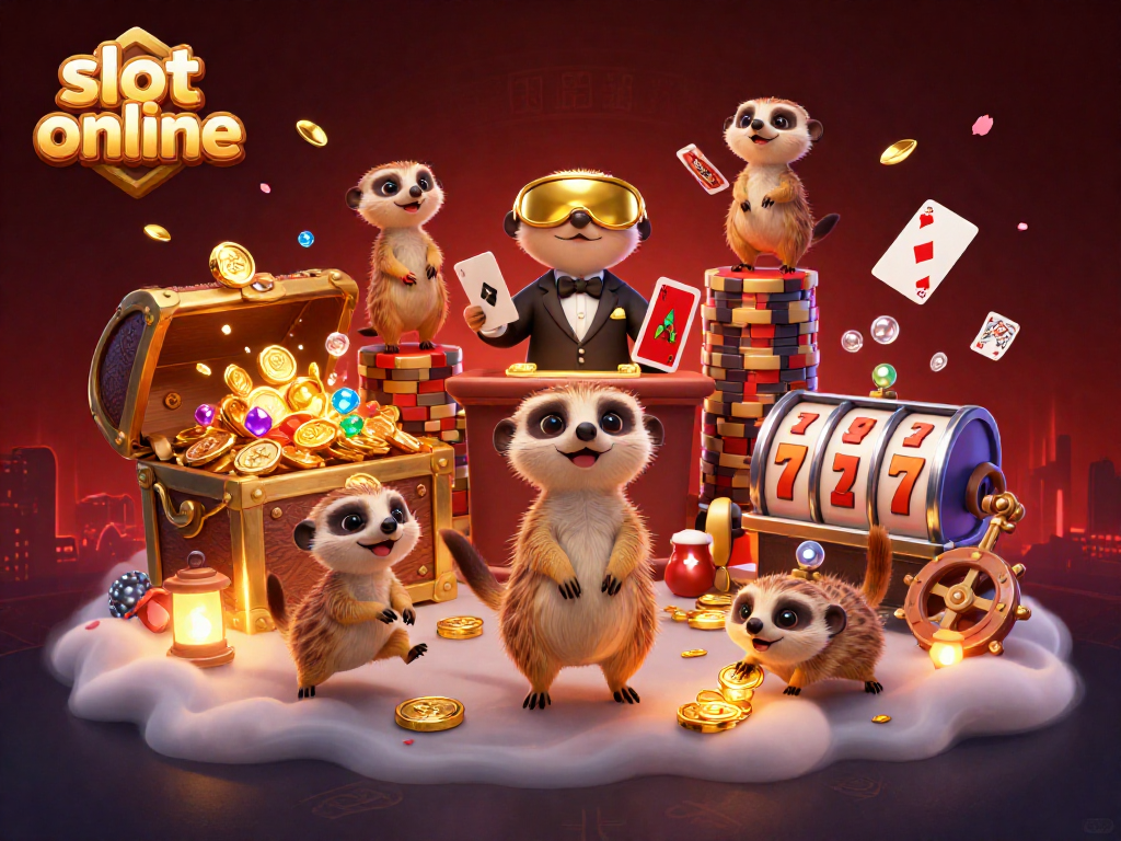 Experience thrilling slot online action with dynamic meerkats managing a vibrant casino scene.