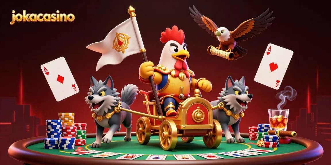Engage with jokacasino's scenic 3D illustration featuring a rooster warlord and poker elements.