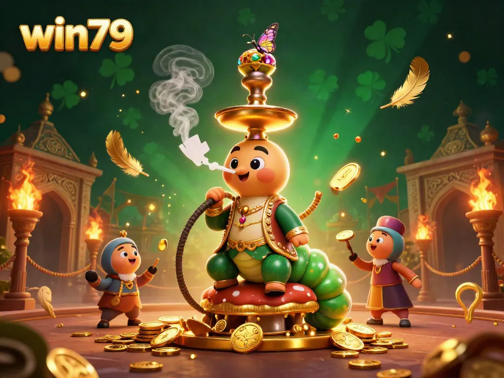 Win79 gameplay scene with vibrant casino elements featuring a unique caterpillar character and poker smoke rings.