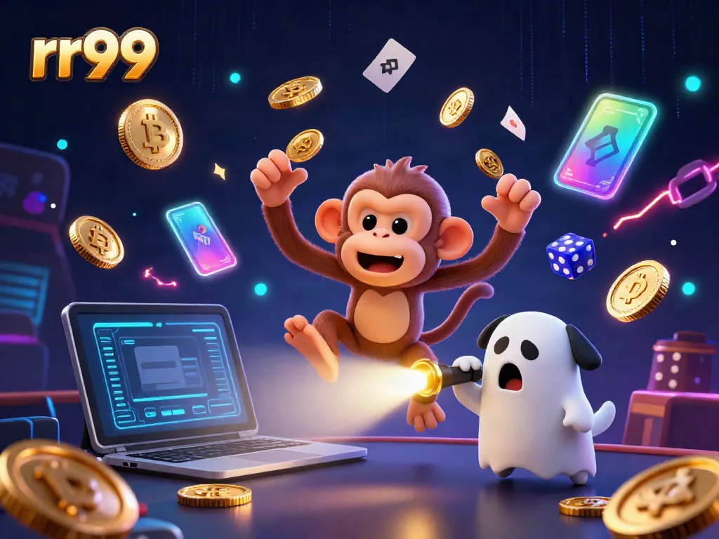 Track the fun at rr99 as a ghost-hunter puppy chases a mischievous monkey juggling coins in a haunted casino.