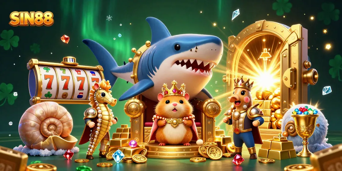 Experience thrilling slots with SIN88, featuring a golden hamster king and treasure-filled backdrop.