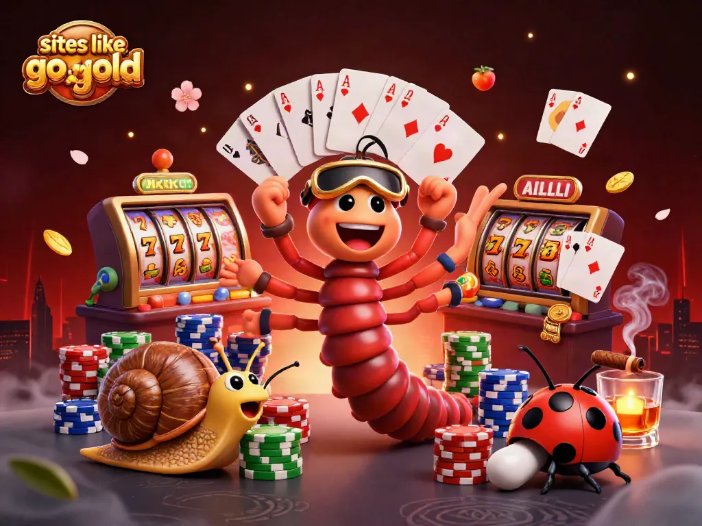 Play exciting games like Go Go Gold with vibrant slot reels and animated characters in a colorful scene.