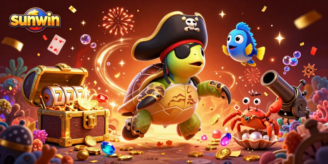 Join sunwin's adventure with a pirate turtle and friends celebrating victory over treasures in an action-packed scene.