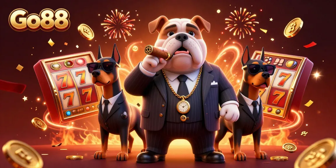 Join the excitement at Go88 with a vibrant 3D casino scene featuring animated slot reels and a dynamic mafia theme.