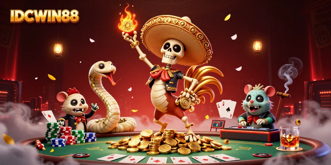 Experience thrilling gameplay at IDCWIN88 with a vibrant 3D casino illustration featuring dynamic characters and rich casino elements.