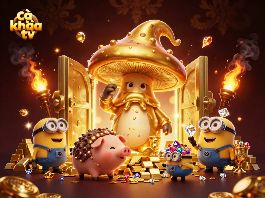Cà khịa tv features a golden mushroom wizard and treasure elements, creating a vibrant casino scene.