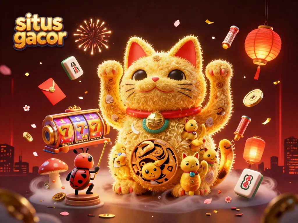 Join the excitement of situs gacor with vibrant slot reels and a lucky cat, reflecting a lively casino atmosphere.
