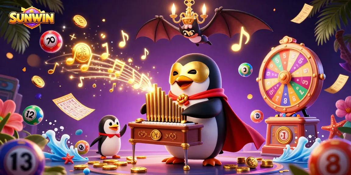 SUNWIN depicts a vibrant casino scene with a penguin organist, golden coins, and colorful lottery elements.