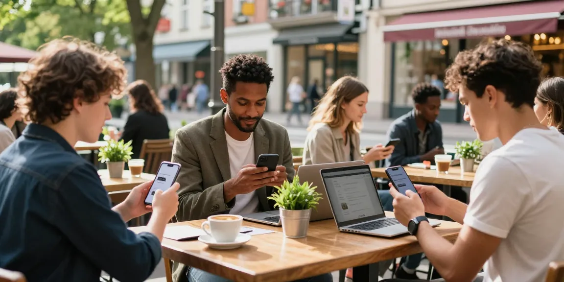 HundRoses app users interact at an outdoor café, celebrating meaningful connections.