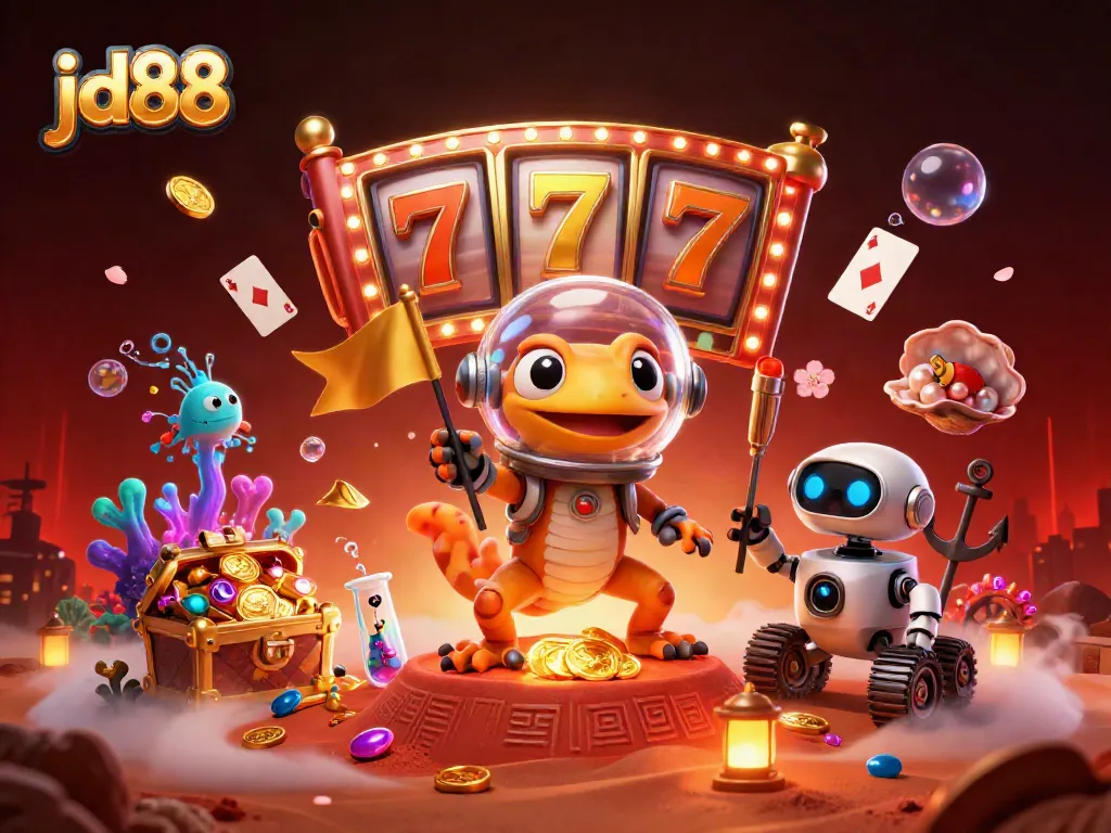 Win big with JD88 in a vibrant 3D scene featuring a Martian gecko in a casino.