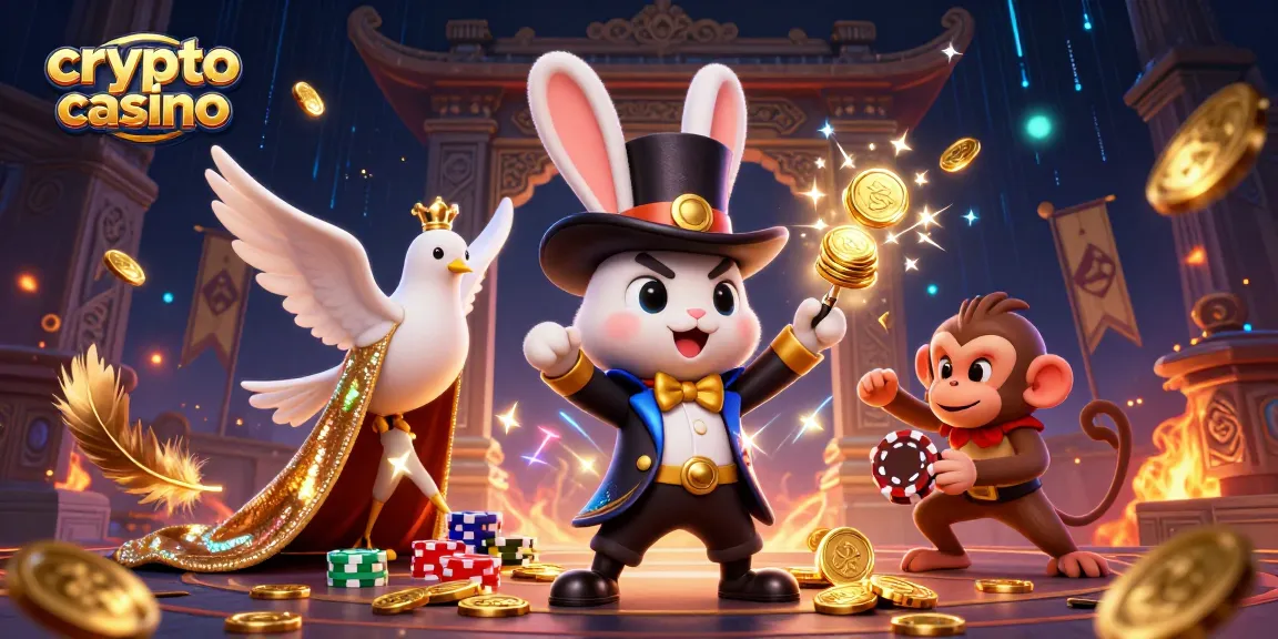 Le crypto casino offre une scène vibrante avec un lapin magicien, une colombe glamour, et un singe malicieux, embellie de pièces dorées et de feux d'artifice.