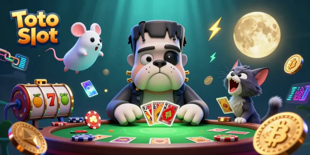 Menghadirkan keseruan Toto Slot dengan Frankenstein bulldog dan elemen gulungan slot.