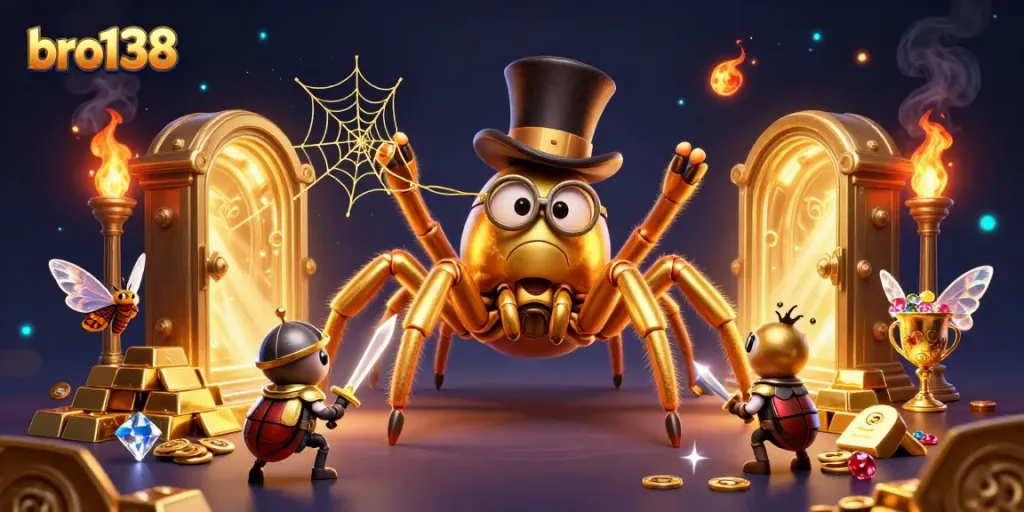 Experience the excitement of bro138 with a dramatic illustration of casino elements and a golden tarantula.