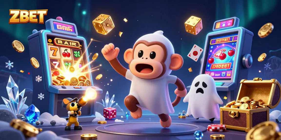 ZBET showcases a vibrant casino scene with poltergeist monkey and ghost-hunter puppy amidst exciting gaming elements.