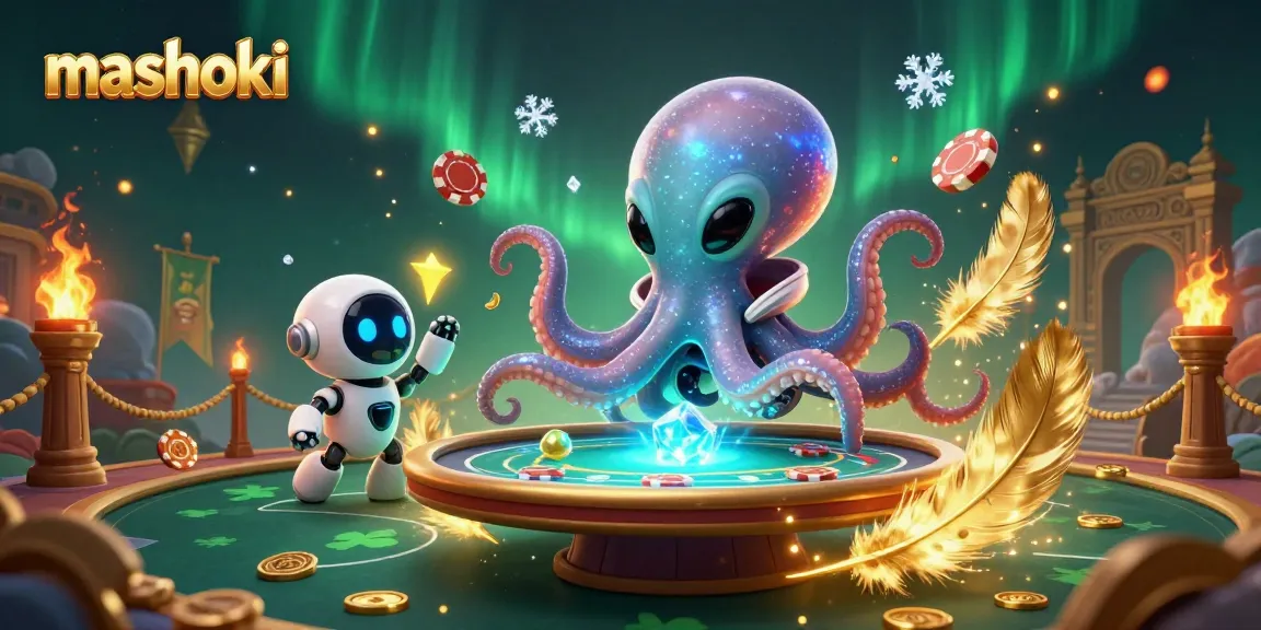 Experience mashoki poker excitement with a colorful alien octopus at a glowing casino table.