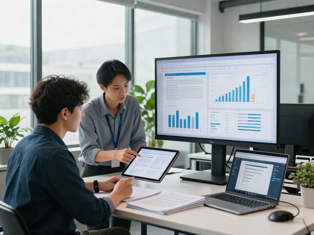 Professionals collaborating on a document fraud detection solution in a modern office.