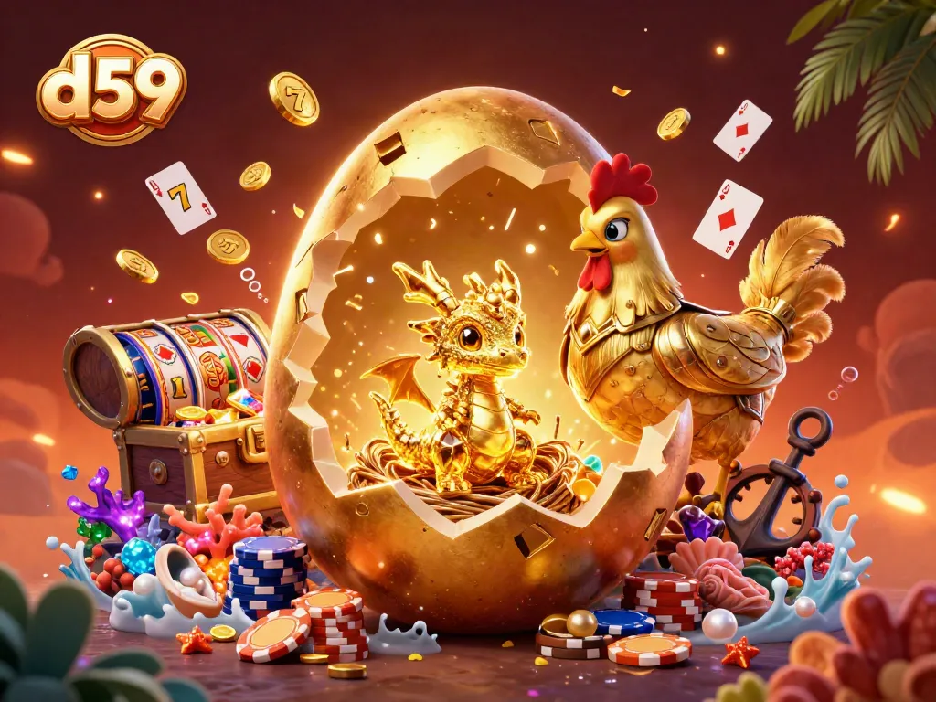 Spin the reels with d59's golden egg illustration featuring a baby dragon and poker chips.