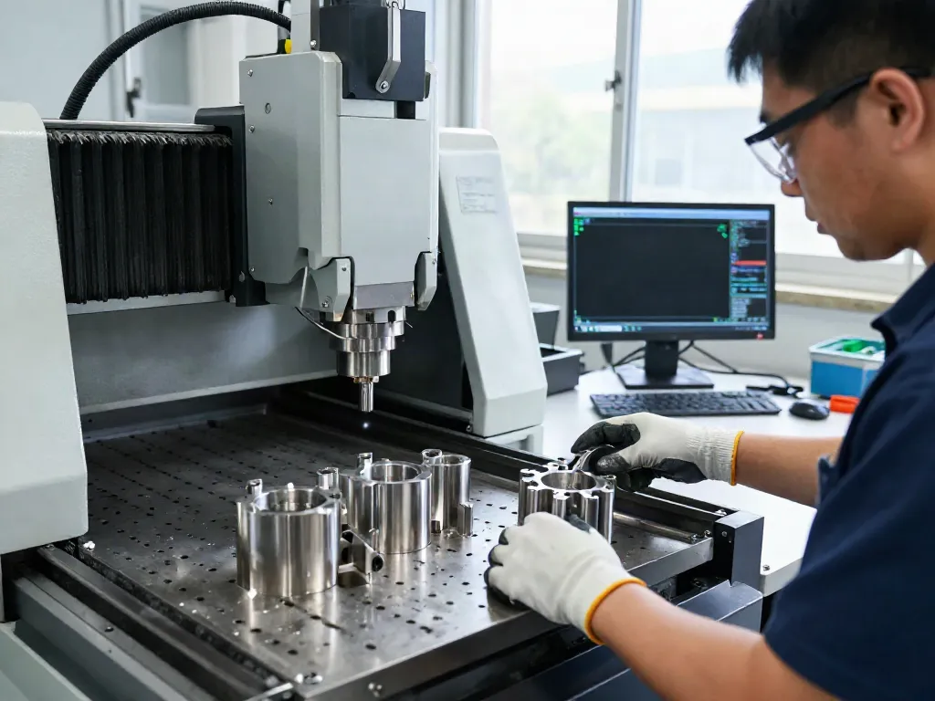 Precision CNC machined stainless steel parts being crafted in a professional workshop.