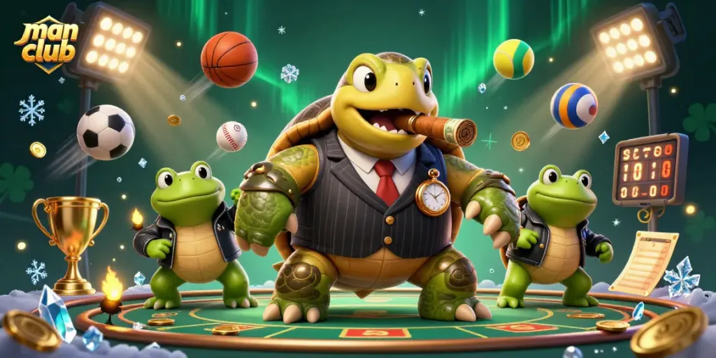 Experience the thrill of man club gaming with a vivid illustration of fun characters and casino action.