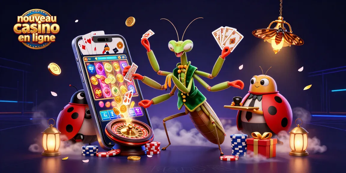 Illustration dynamique d'un nouveau casino en ligne avec un mante religieuse géante, un gérant et des éléments de jeu.