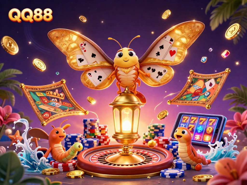 Engage with QQ88's unique gaming atmosphere, featuring vibrant 3D casino elements and dynamic scenes.