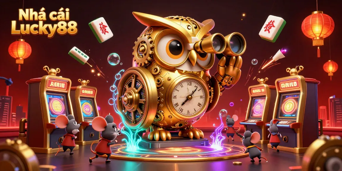 Engage with Nhà cái Lucky88 at a vibrant casino scene featuring a golden owl and lively slot machines.