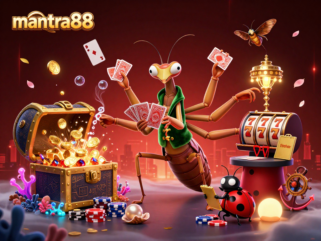 Engage in winning strategies at mantra88 with a vibrant 3D casino scene featuring unique characters and slot elements.