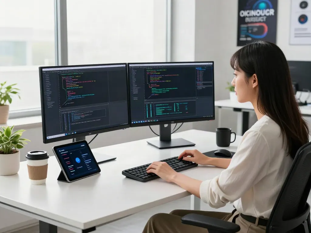 v2rayN官网 workspace with software developer coding on dual monitors