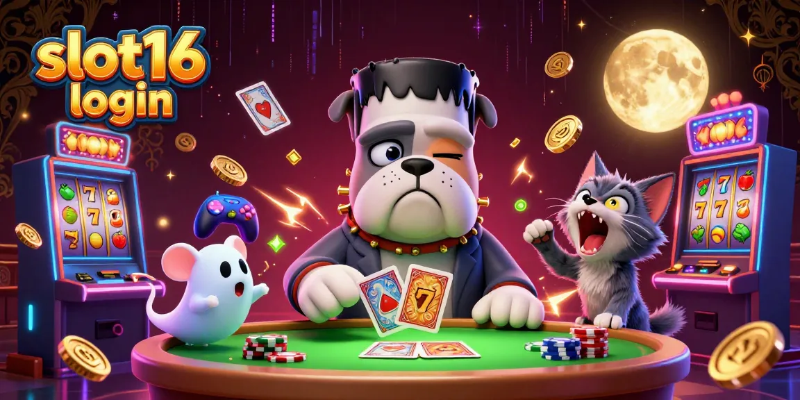 Engage with slot16 login while witnessing a lively casino scene featuring character and gaming elements.