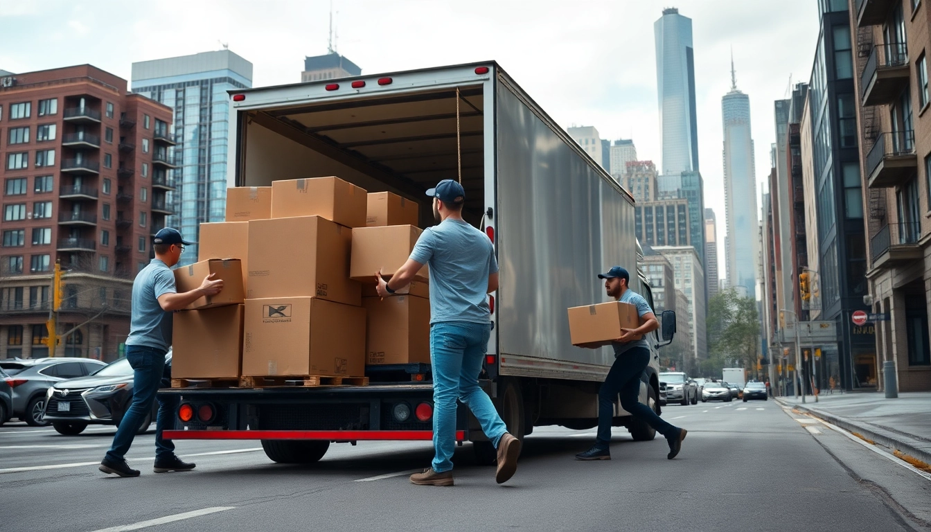 Residential movers nyc efficiently loading boxes into a truck amidst the NYC skyline.