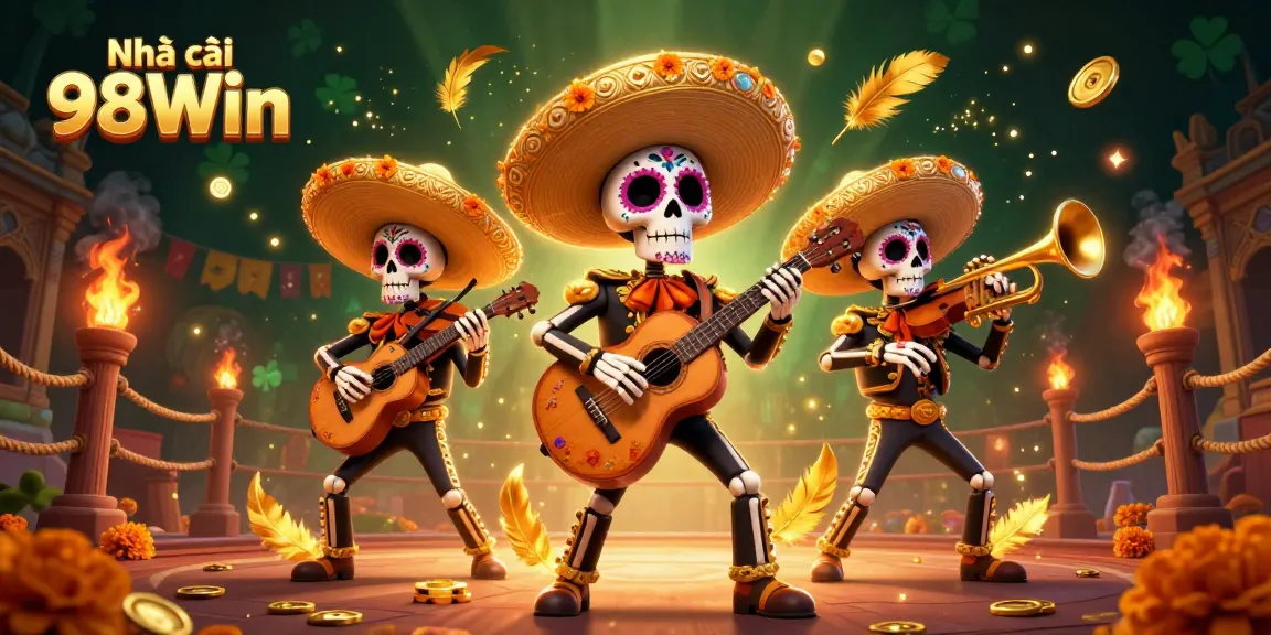Engage in thrilling games at Nhà cái 98Win with colorful mariachi band and casino elements.