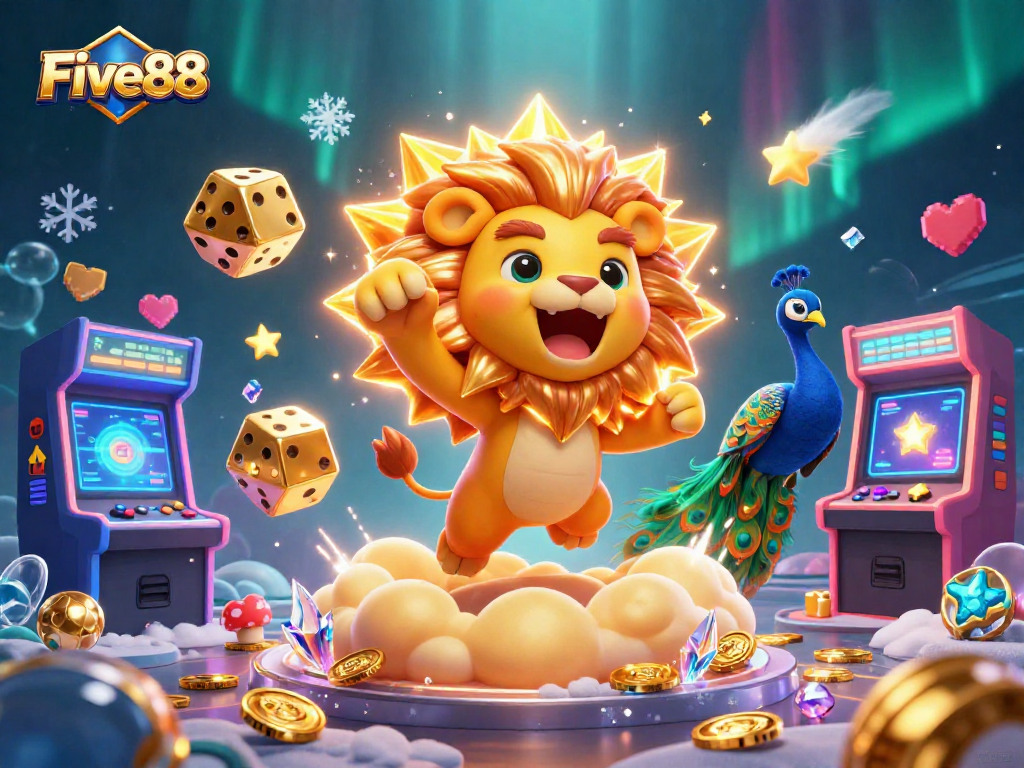 Experience thrilling gaming with Five88 as the sun lion roars, surrounded by dazzling casino elements.