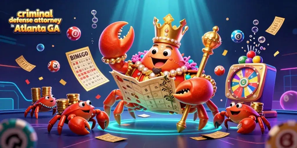 A dynamic casino scene showcasing a criminal defense attorney in Atlanta GA, led by a golden crab emperor and hermit crab servants amidst lottery and bingo elements.