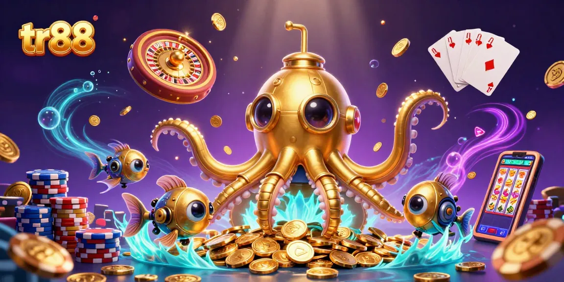 Win big with tr88 in this vibrant 3D illustration of a golden kraken submarine and casino elements.