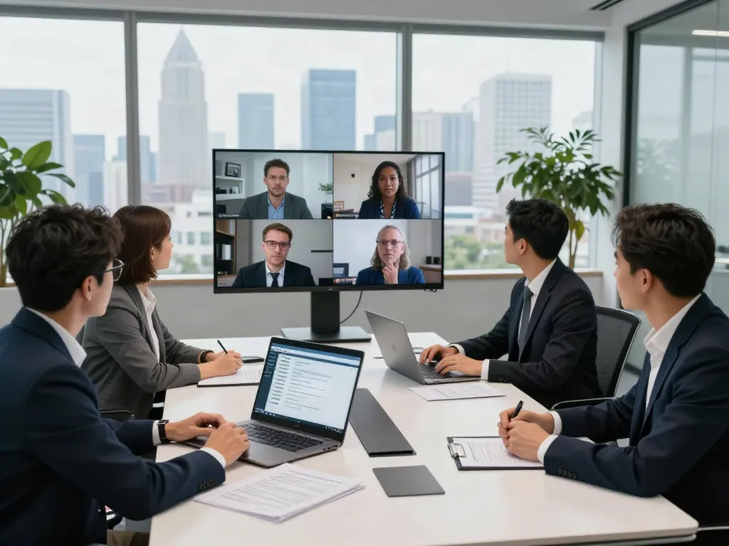 Deepfake protected meetings team collaborating in a high-tech office