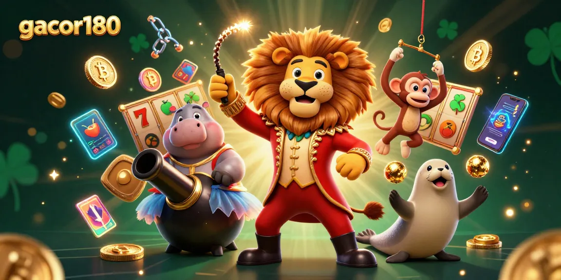 Gacor180 menampilkan raja sirkus 3D dan simbol permainan slot yang menggiurkan.