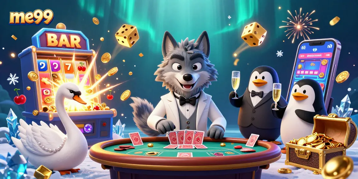 Play exciting games at me99 casino, featuring cartoon characters celebrating jackpots and casino thrills.