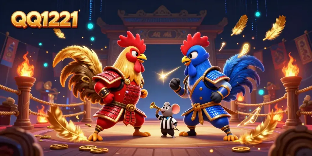 Engage in thrilling combat with QQ1221 as roosters clash in a vibrant gambling arena.