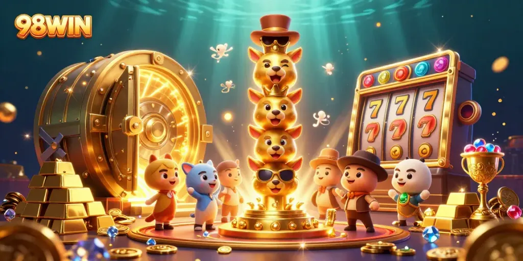 Experience the excitement of 98WIN with vibrant casino-themed 3D illustration featuring charms and treasures.