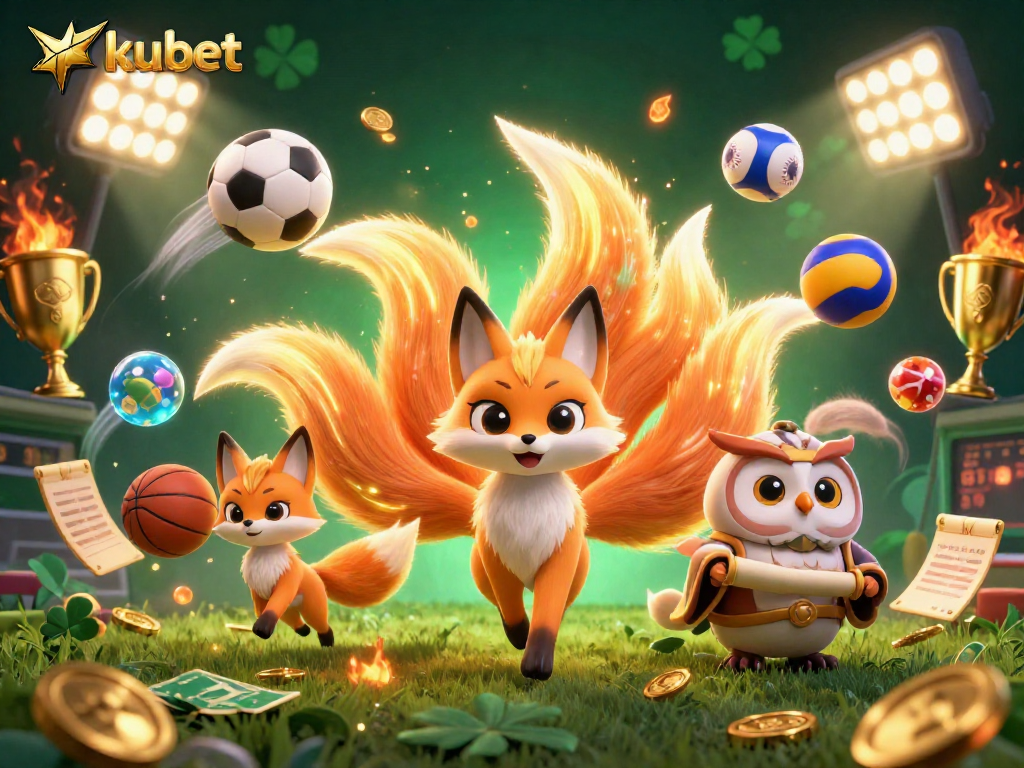 Experience the thrill of kubet with colorful sports elements and a vibrant nine-tailed fox spirit in a dynamic casino scene.