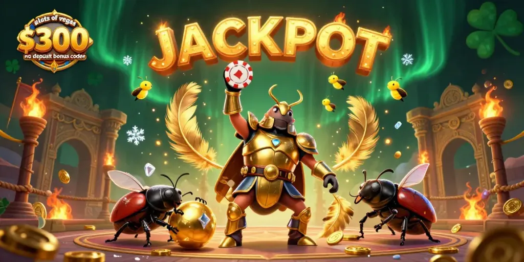 Engage with slots of vegas $300 no deposit bonus codes while enjoying a lively 3D illustration of a victorious hero beetle.
