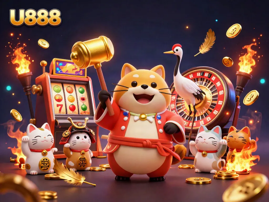 Experience excitement at U888 with a vibrant 3D festival scene of a tanuki, crane, and fortune cats immersed in gaming.