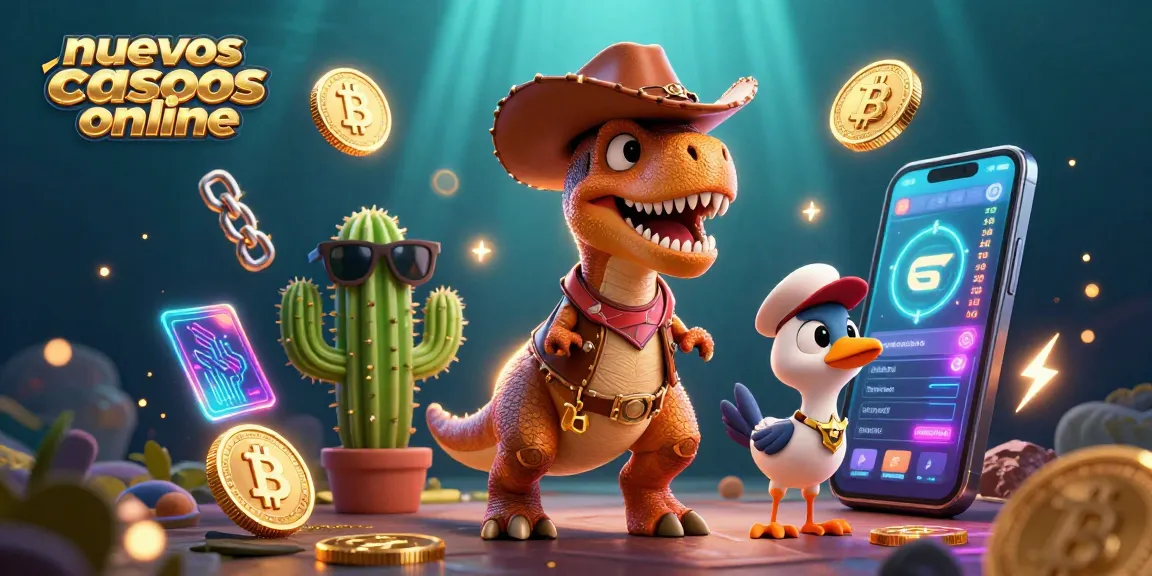 Nuevos casinos online con dinosaurios y monedas de criptomonedas brillantes en una ilustración vibrante