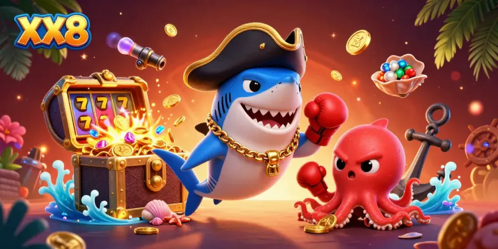 Join the fun with XX8 in this vibrant 3D casino scene featuring enchanting ocean characters and slot game elements.