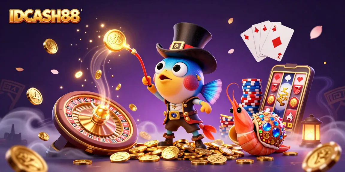 Engage with IDCASH88's exciting gaming world showcasing golden coins and thrilling character interactions.